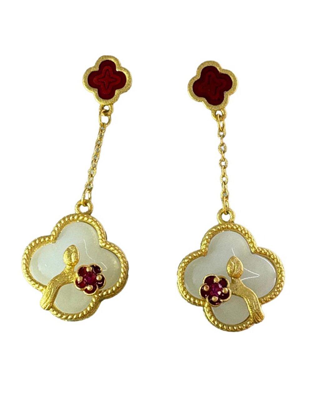 18K Gold Plated Four Leaf Clover Drop Earrings White Glass Plum Blossom 8.24g